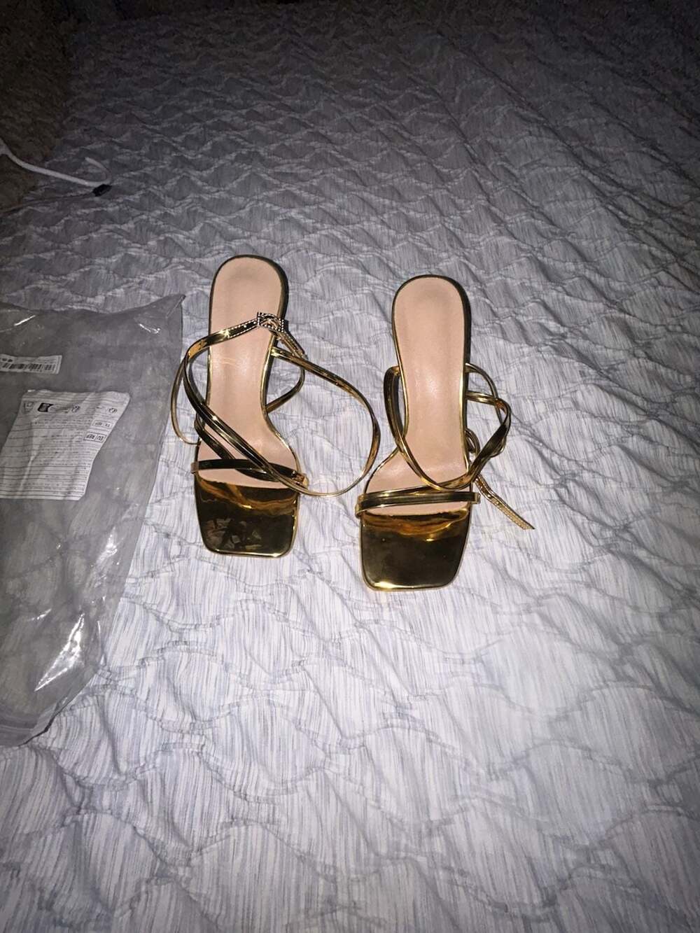 Metallic Gold Mirror Shine Strappy High Heel Stiletto Sandals Square Open Toe